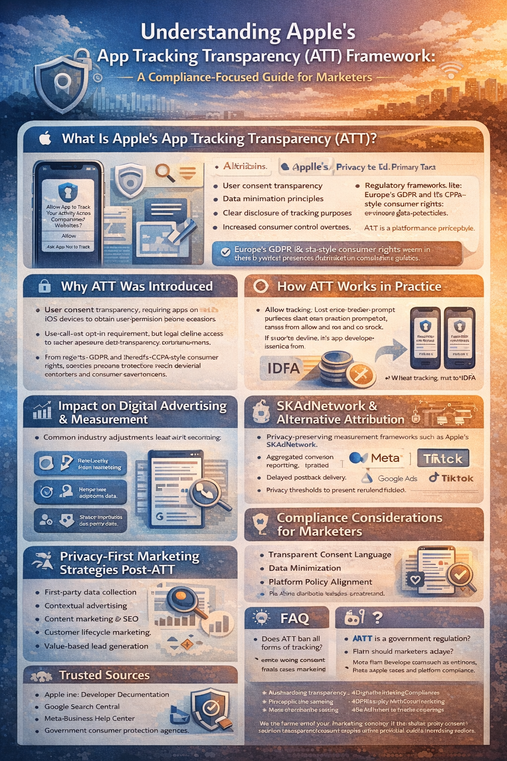 Infographic outlining Apple ATT framework sections including consent flow, attribution methods, and privacy-first marketing structures.