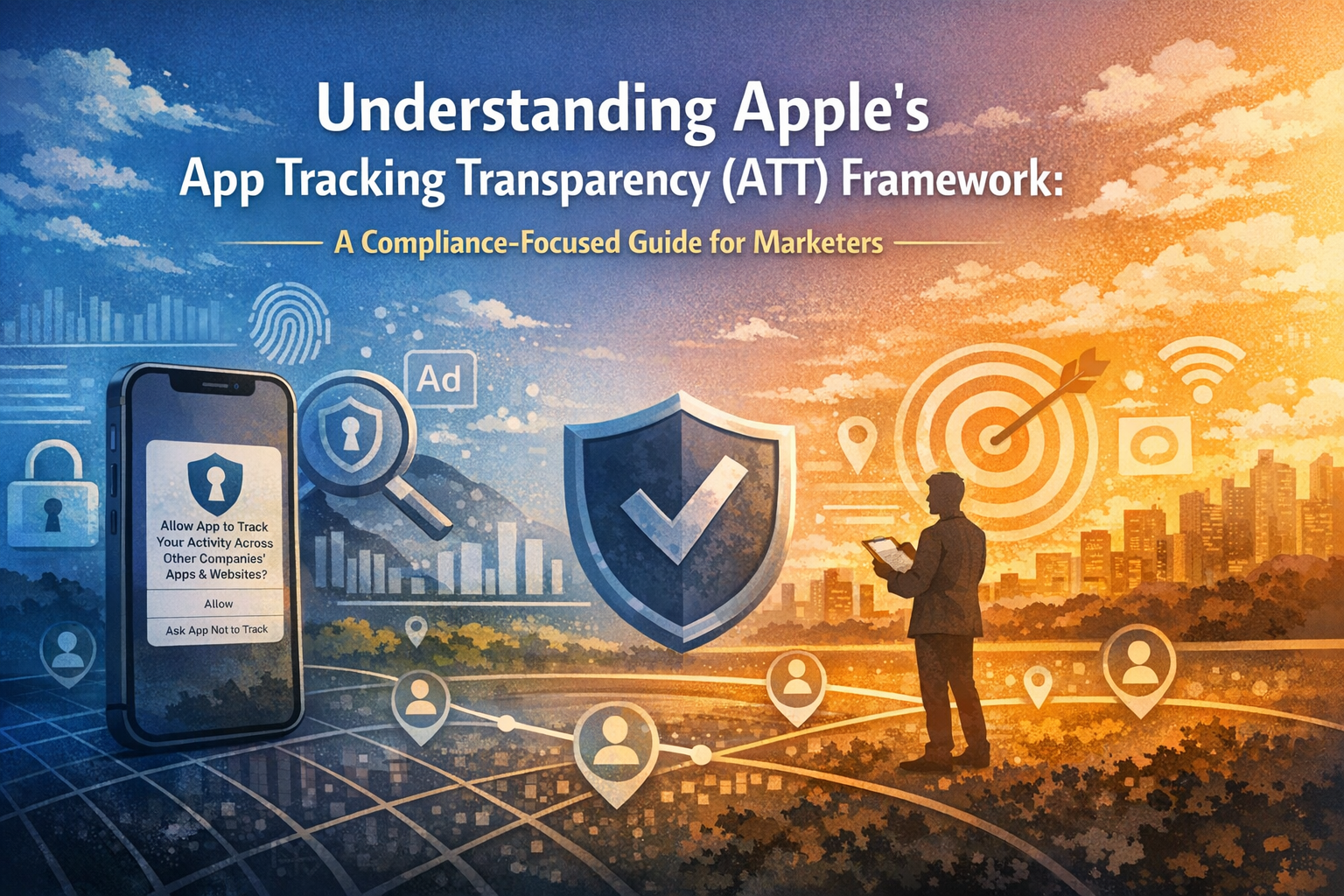 Illustration of mobile privacy prompt and digital marketing analytics icons representing Apple ATT framework concepts.