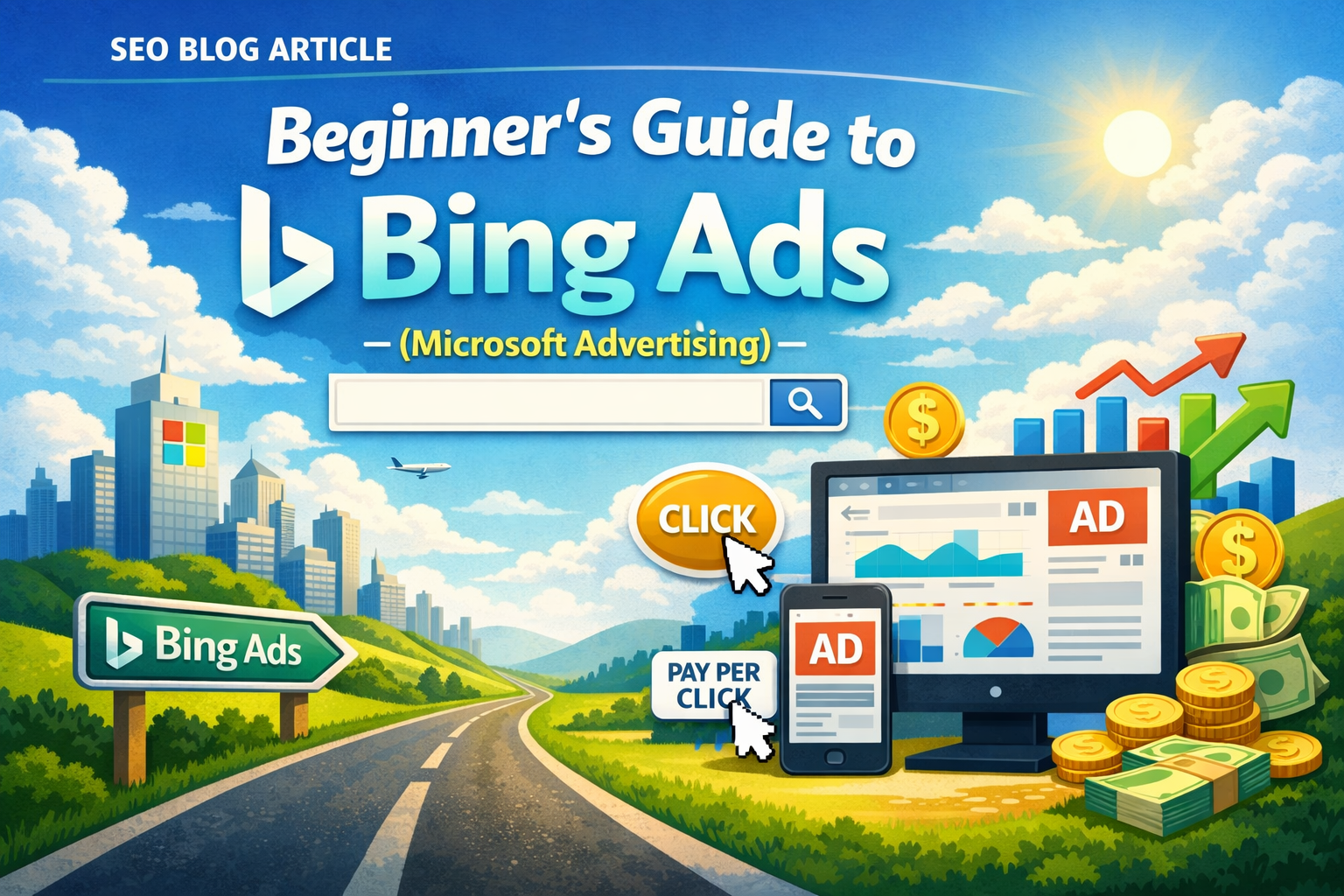 Beginner’s Guide to Microsoft Advertising Platform Overview Digital illustration of Microsoft Advertising dashboard, analytics charts, and online ad interface elements in a city landscape.