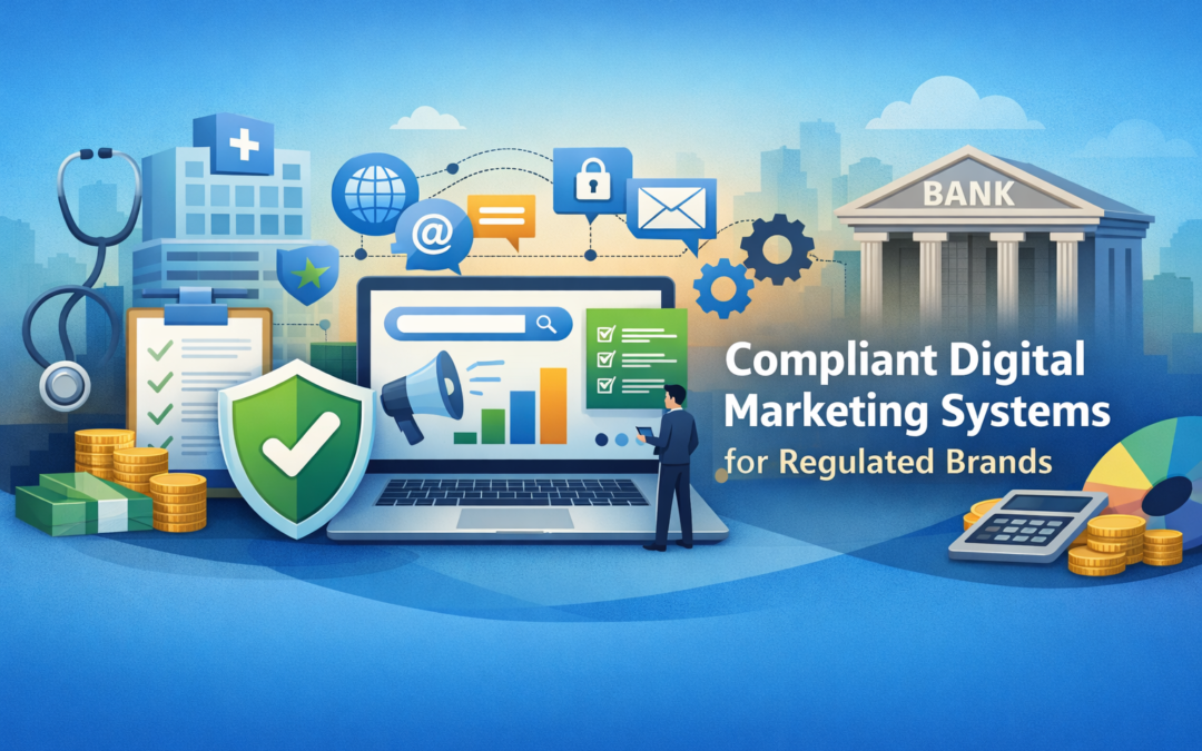 Illustration representing digital marketing systems for regulated healthcare, pharmaceutical, and financial brands