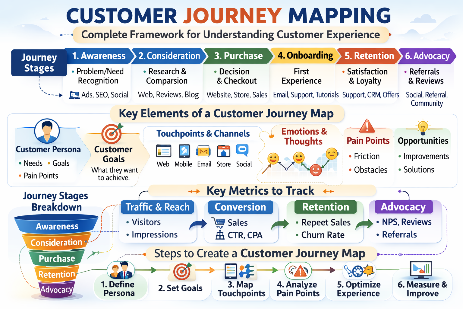 Infographic showing customer journey stages, touchpoints, customer emotions, and key metrics in a structured flow.