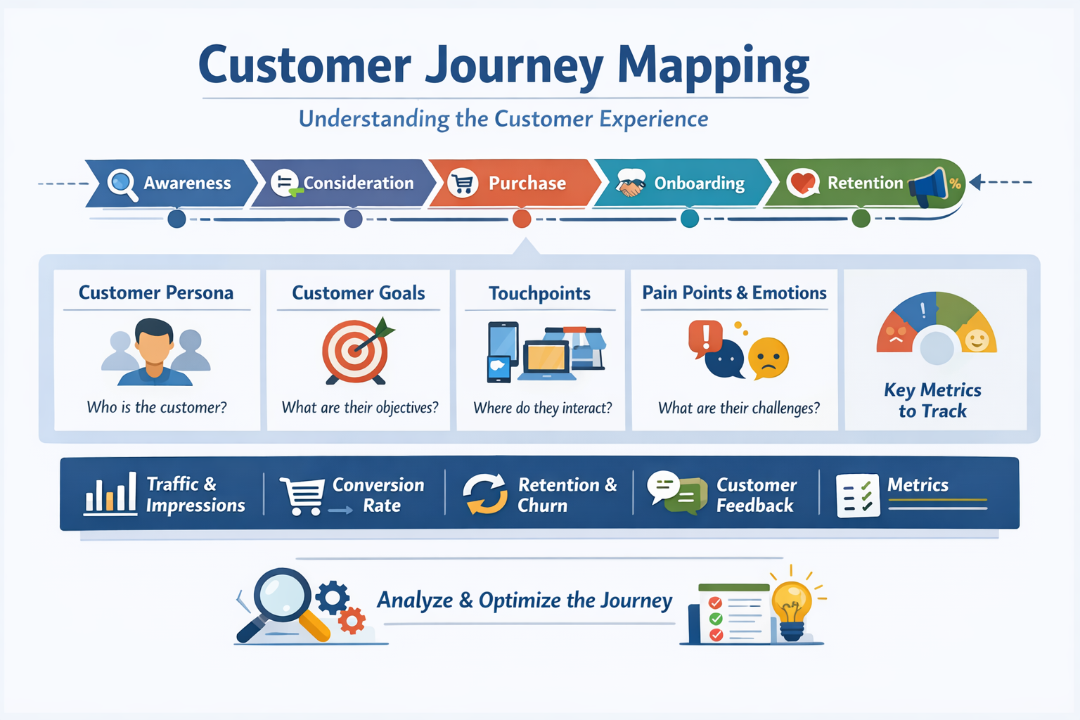 Customer Journey Mapping Overview Diagram showing customer journey stages from awareness to advocacy with touchpoints and metrics.
