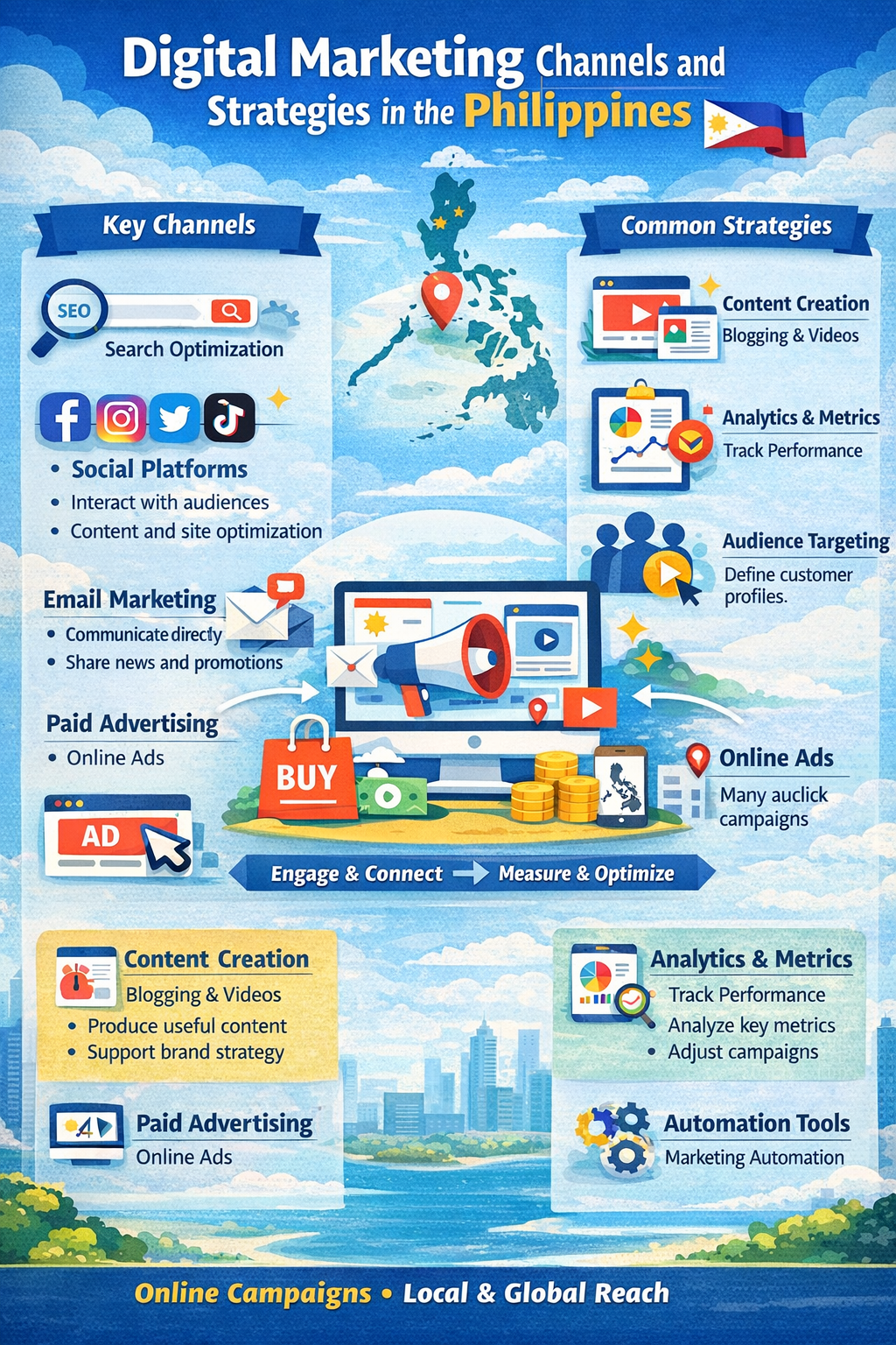 Infographic showing digital marketing channels, strategies, and workflow in a neutral PH context