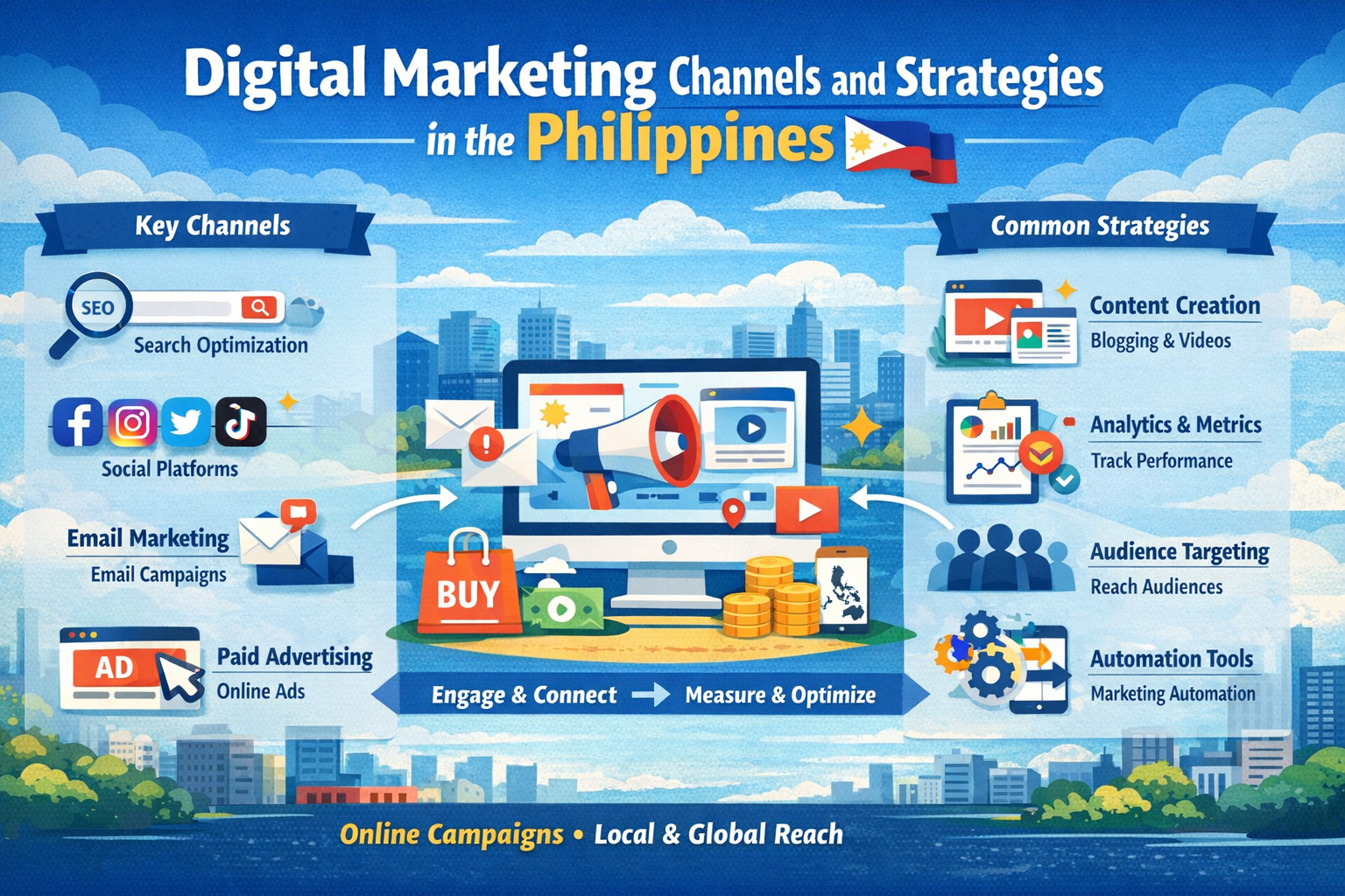 Digital Marketing Overview for Beginners in the Philippines Illustration of digital marketing concepts and online channels in the Philippines