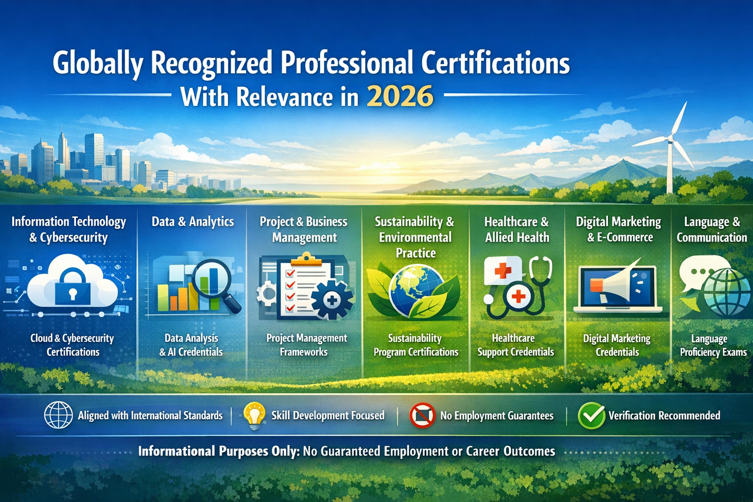 Landscape infographic showing global certification categories across technology, business, healthcare, and sustainability.