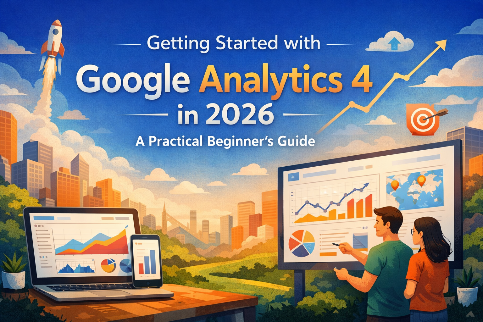 Illustration of analytics dashboards, charts, and digital data elements on desktop and mobile screens.