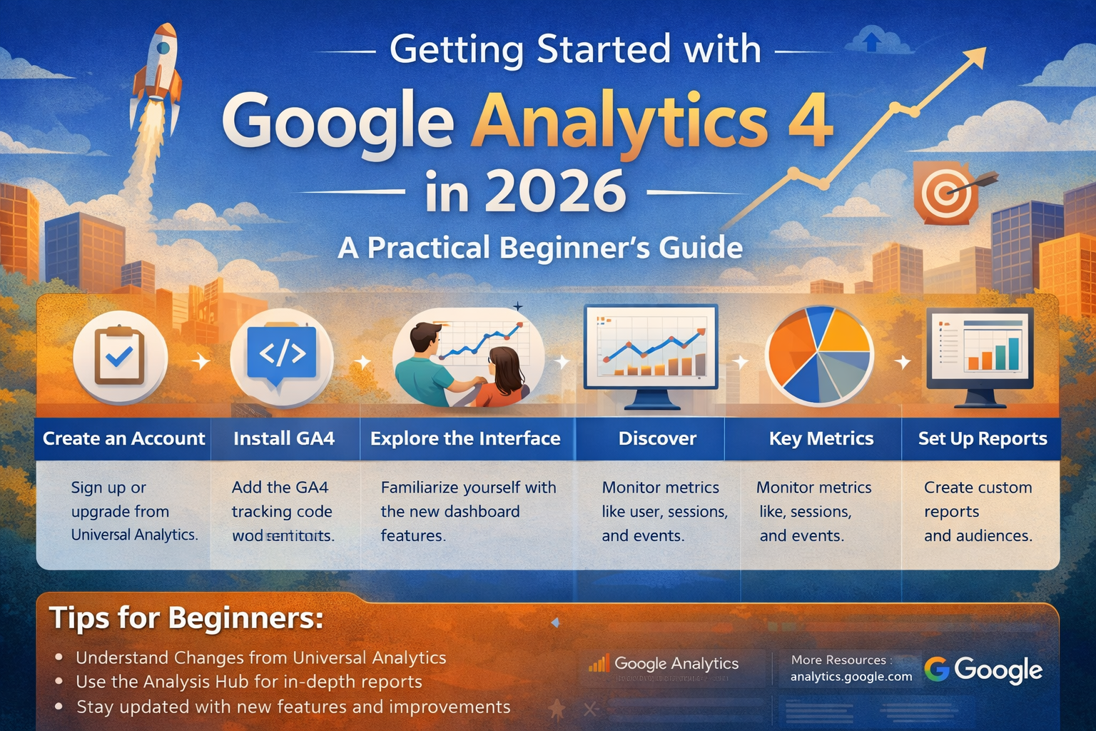Infographic layout showing analytics structure, event model, reports, and measurement flow elements.