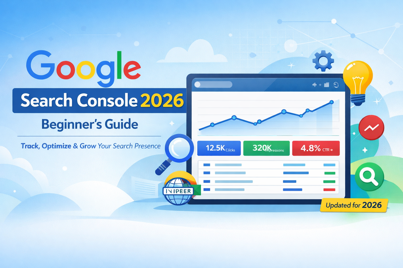 Google Search Console 2026 Interface Banner Illustrated dashboard interface showing search analytics charts and performance metrics in a landscape layout.