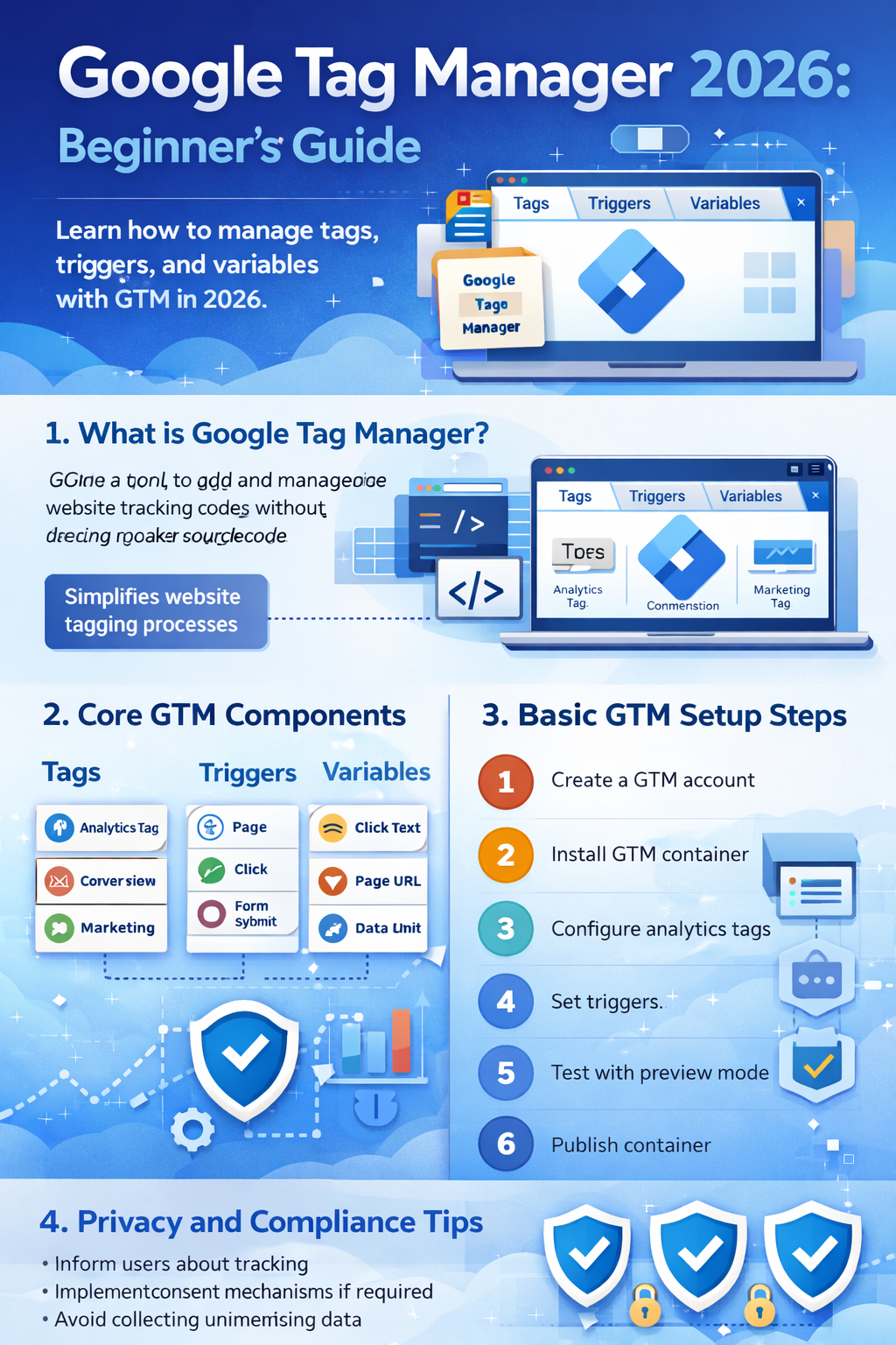 Portrait infographic illustrating GTM components, setup steps, and privacy considerations.