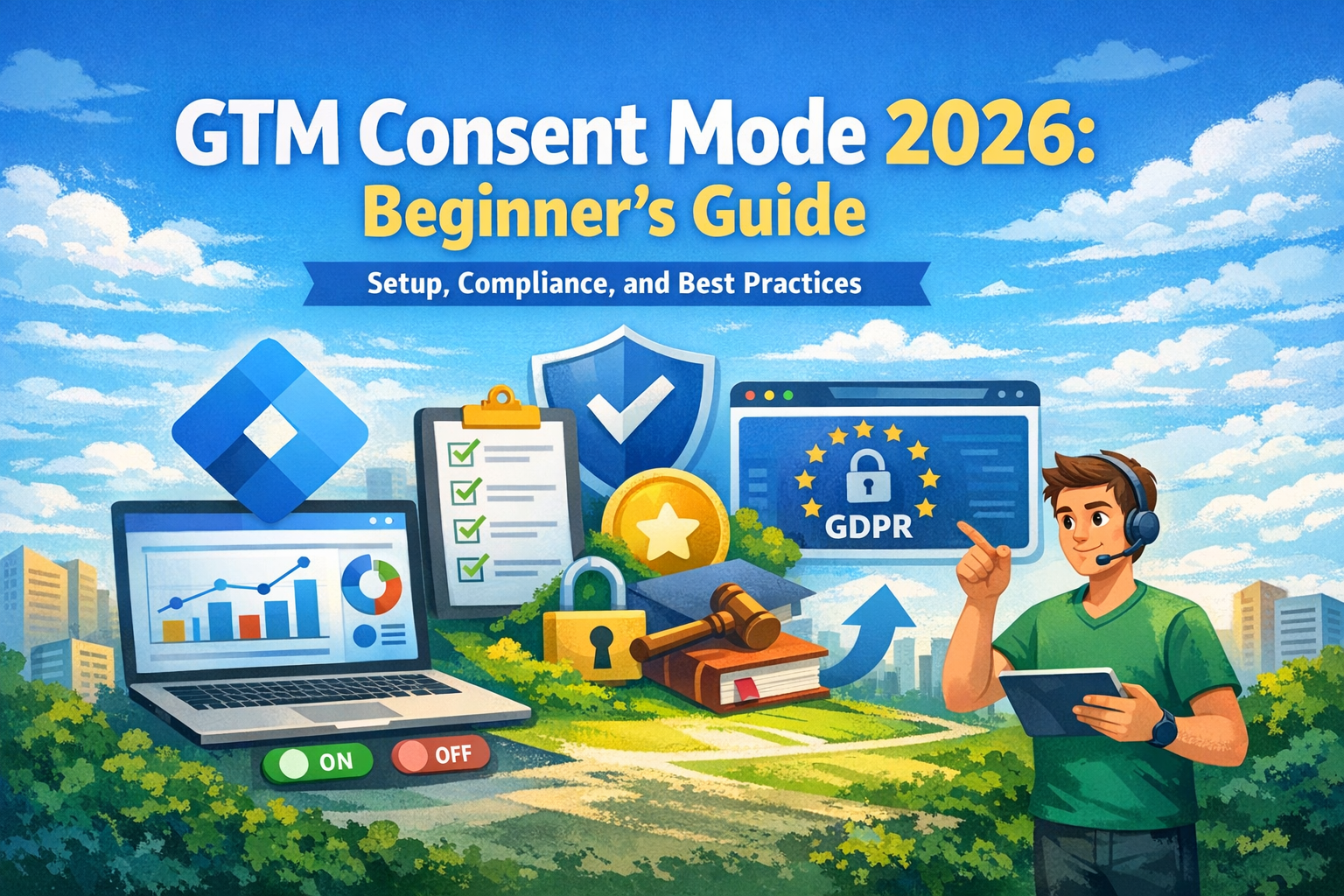 GTM Consent Mode 2026 Digital Compliance Overview Illustration showing GTM dashboard interface with consent settings, privacy shield icon, and structured data flow elements