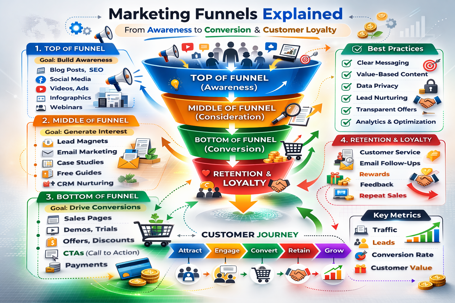 Infographic showing digital marketing funnel stages in a global context