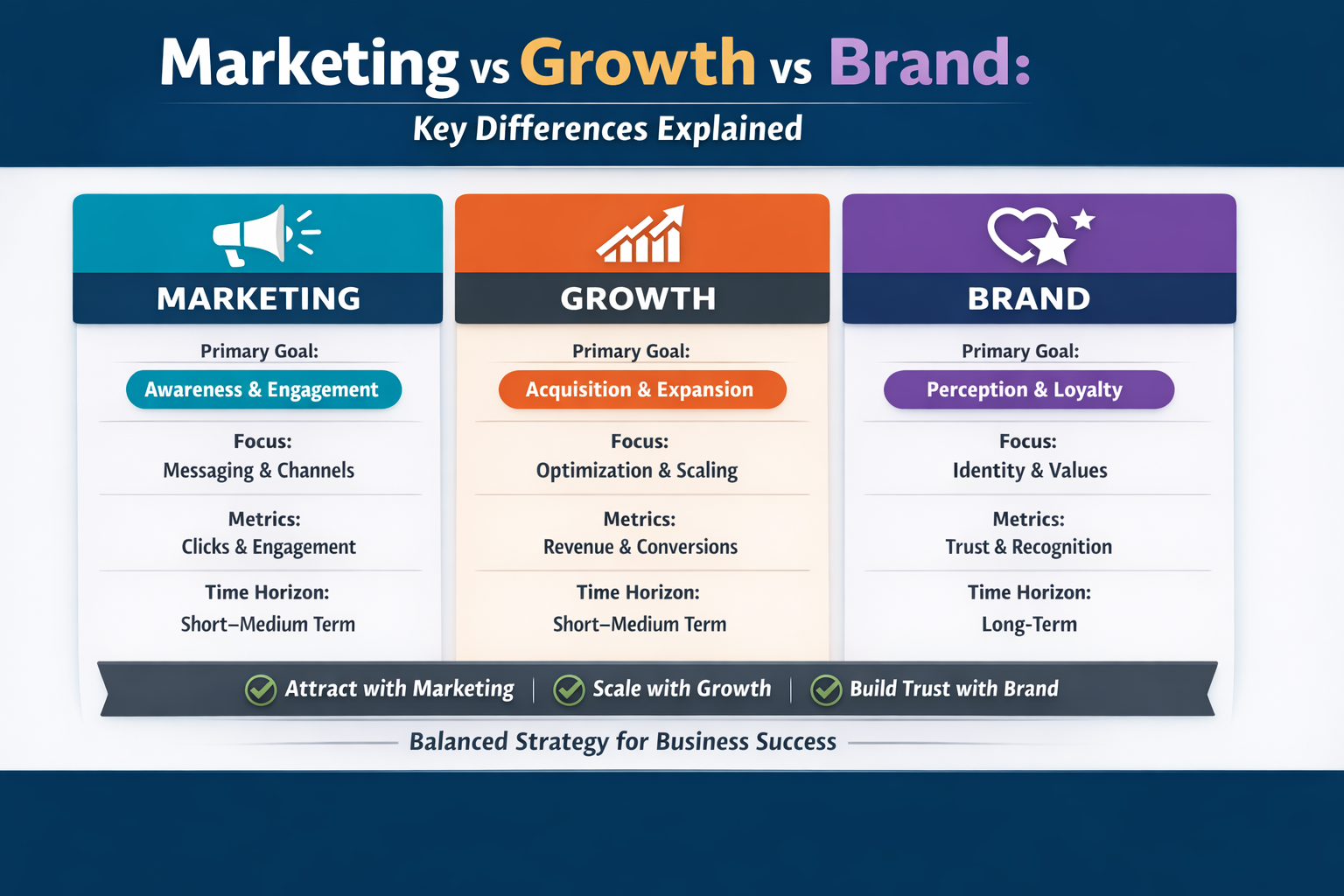 Marketing, Growth, and Brand Comparison Illustration showing the differences between marketing, growth, and brand strategies