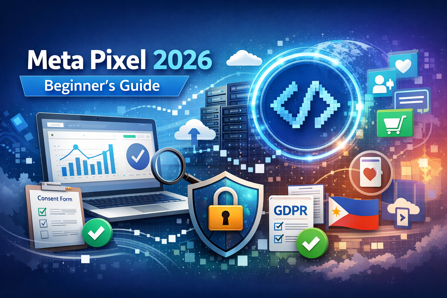 Landscape illustration showing Meta Pixel interface, analytics dashboard, and privacy compliance icons.