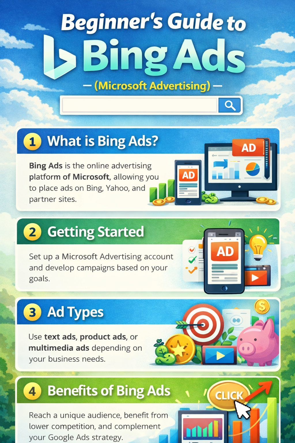 Vertical infographic outlining Microsoft Advertising account structure, campaign layers, keywords, bidding system, and reporting elements.
