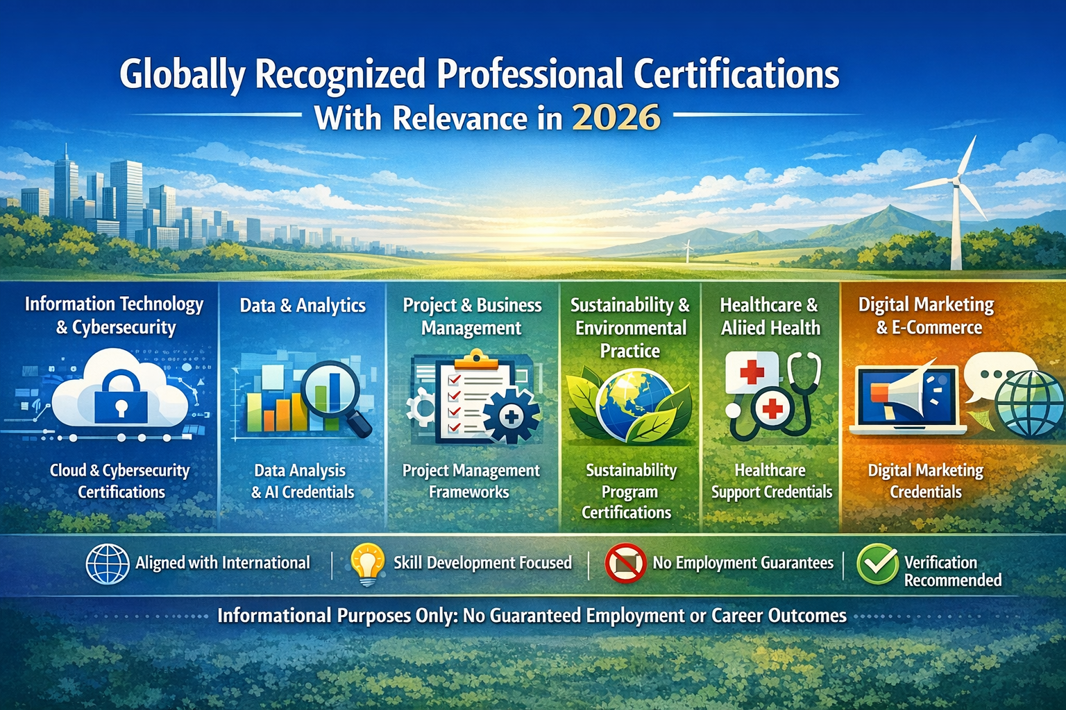 Infographic displaying global certification areas including IT, analytics, project management, healthcare, sustainability, and marketing.