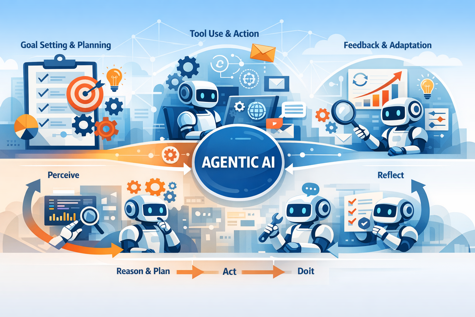 What is Agentic AI — Concept Overview Philippines Landscape illustration showing AI-related icons, workflow arrows, and digital interface elements on a neutral background.