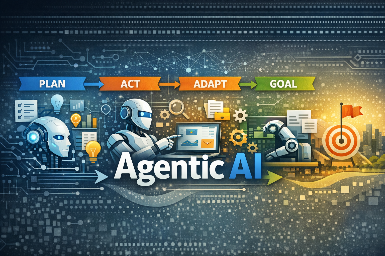 Vertical infographic showing labeled stages of Agentic AI workflows using icons, arrows, and structured sections.