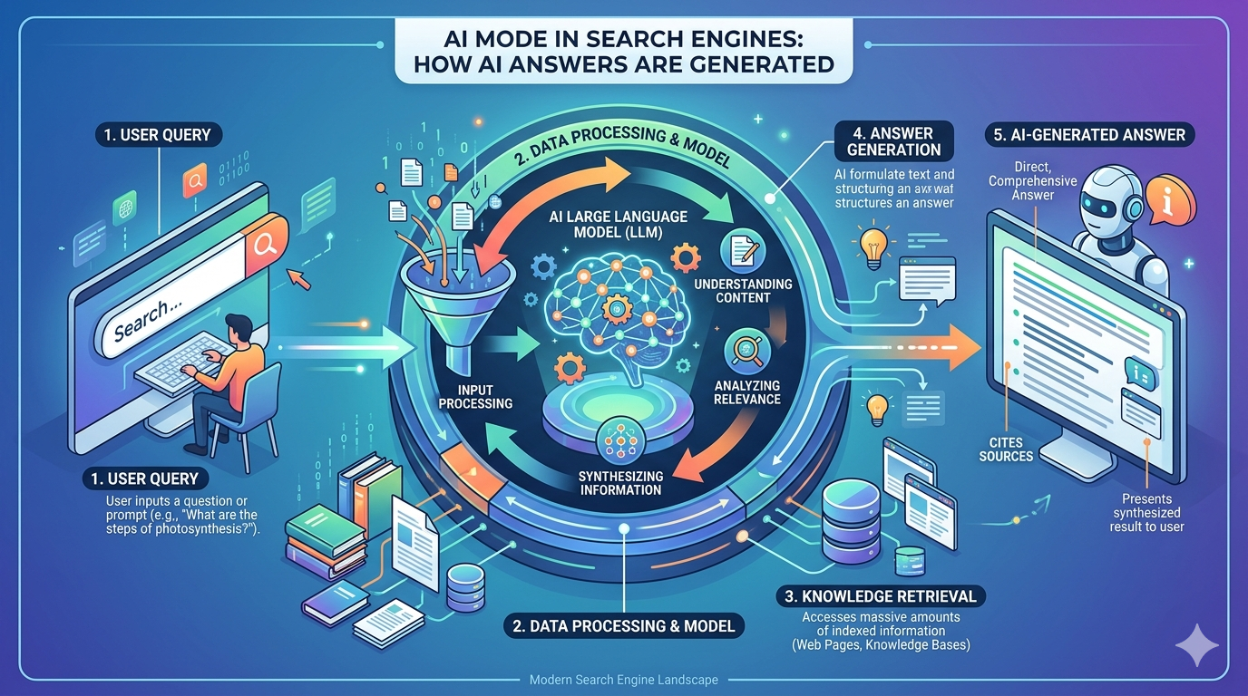 AI Mode in Search Engines How AI Answers Are Generated Digital search interface displaying AI-generated text results with abstract data connections in the background