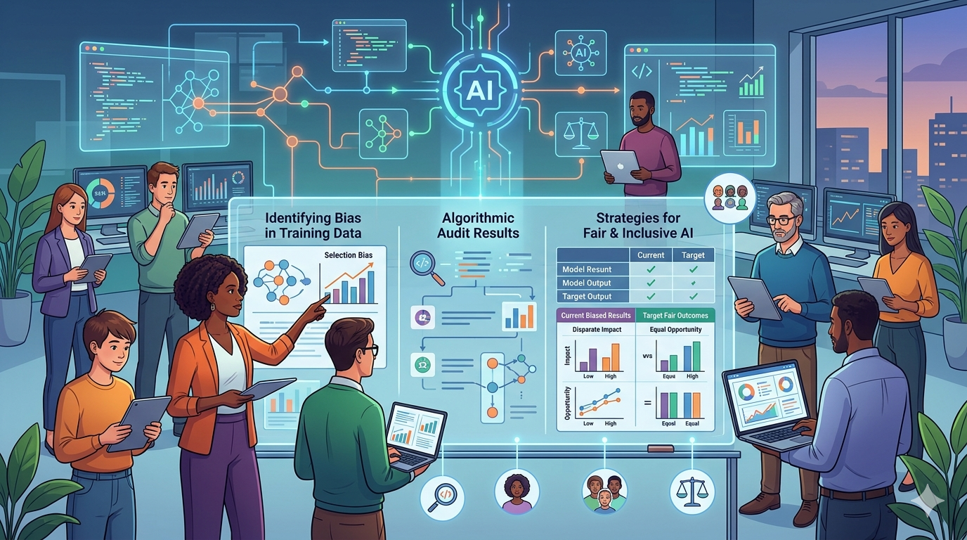 ai-bias-marketing-algorithms-cover. Abstract visualization of data streams and algorithm nodes connected within a digital marketing system interface