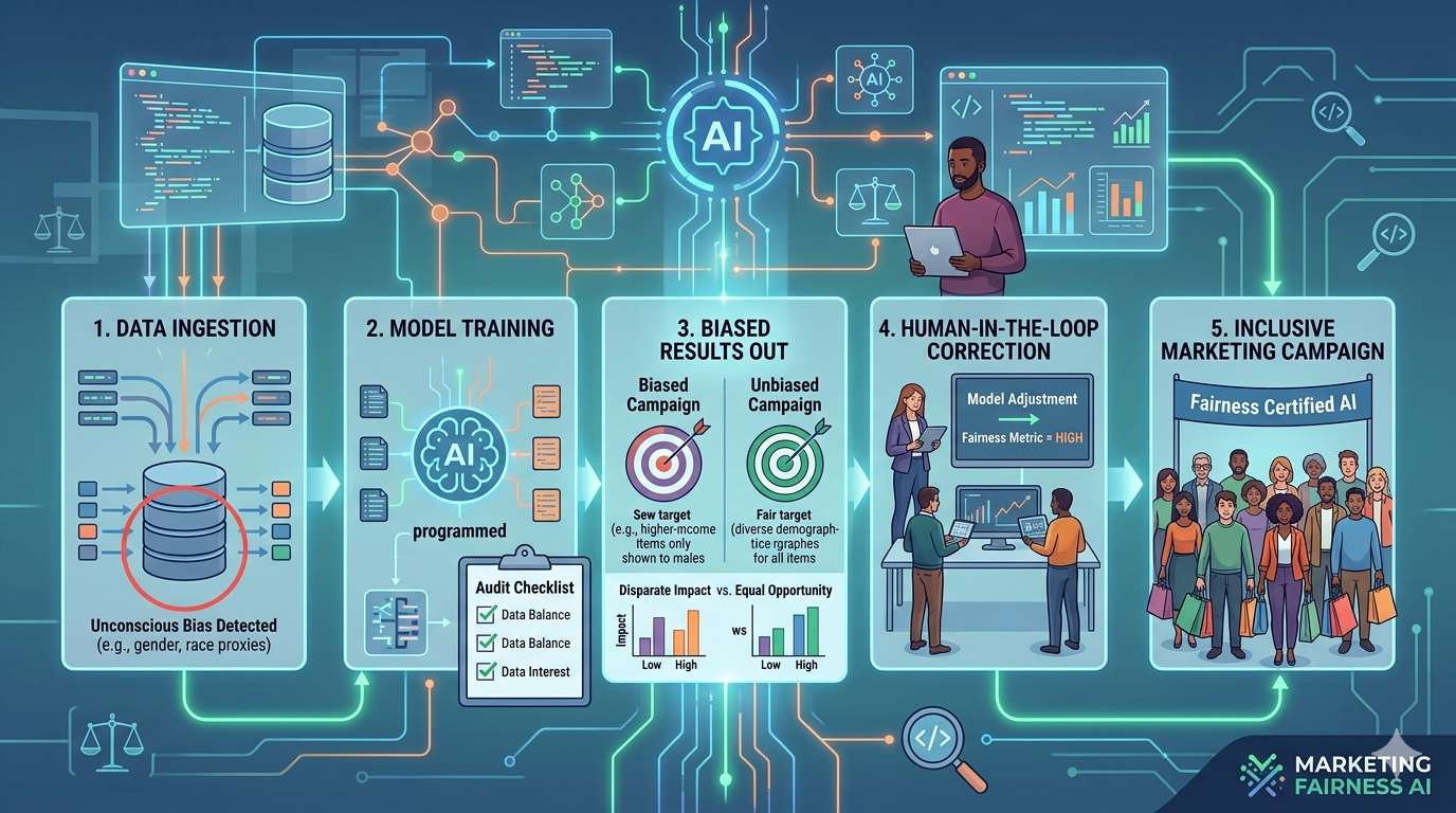 Diagram showing stages of data input, algorithm processing, and output patterns within marketing systems