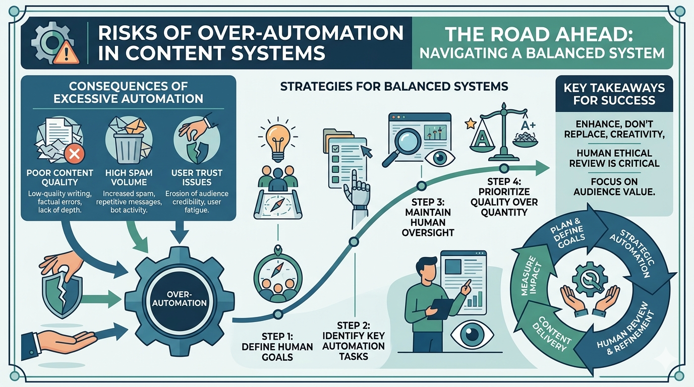 Infographic outlining categories of AI automation risks including accuracy, compliance, data privacy, and content quality factors