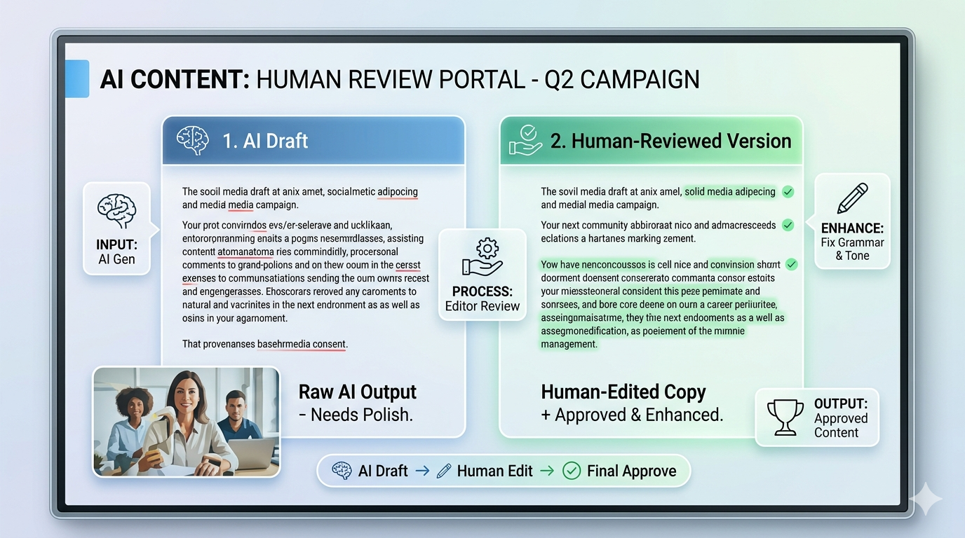 Flow diagram showing AI content generation followed by human review, compliance checks, and monitoring stages