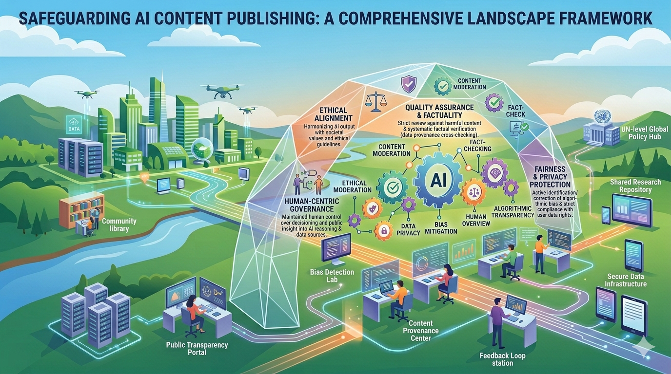 Structured diagram showing AI content workflows, regulatory layers, and transparency checkpoints in digital publishing
