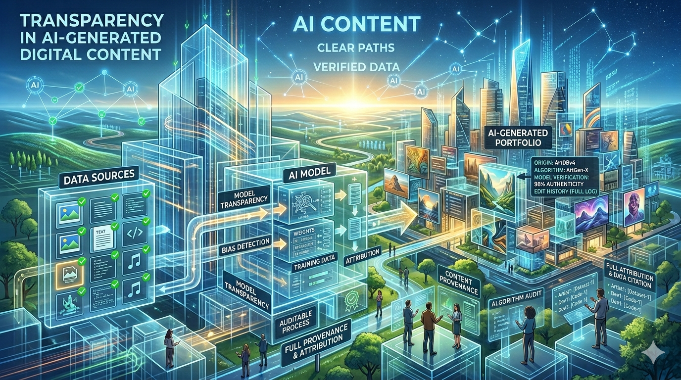 Diagram showing AI content creation flow, labeling indicators, and platform disclosure elements