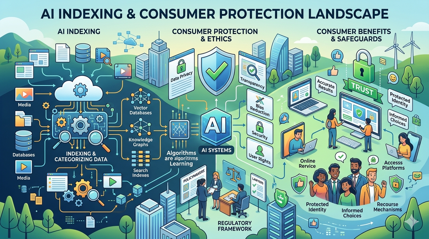 ai-indexing-consumer-protection-cover. Abstract digital network with nodes, search icons, and data connections