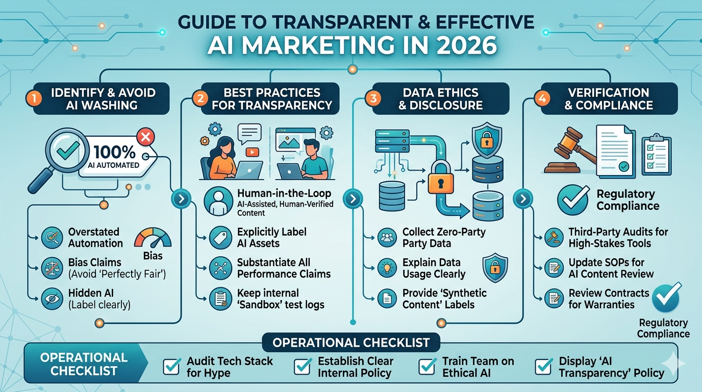 Infographic layout showing categories of AI marketing claims, including exaggeration, ambiguity, and missing context