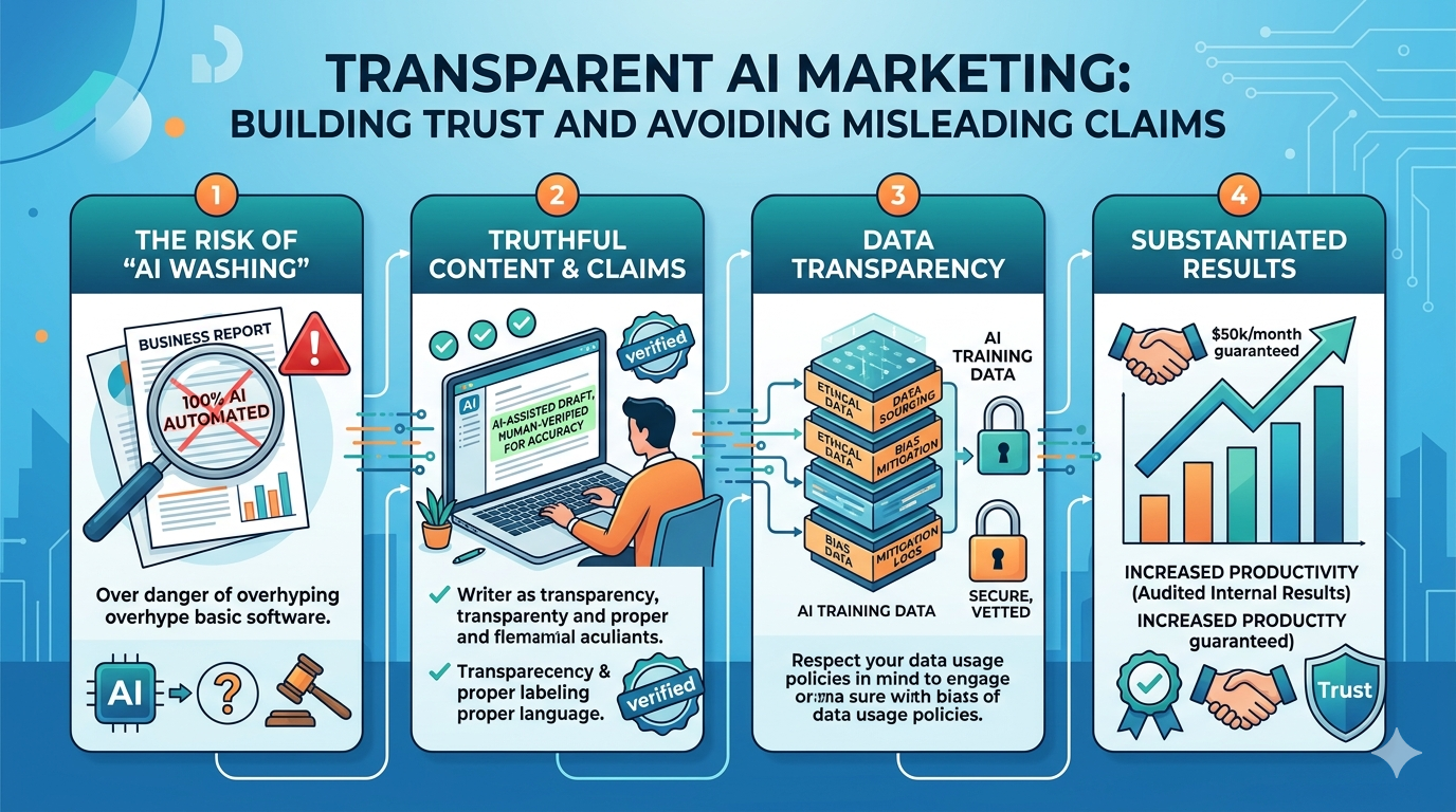 ai-marketing-transparency-claims-visual. Abstract digital interface showing AI icons, data flows, and text overlays representing marketing and transparency concepts