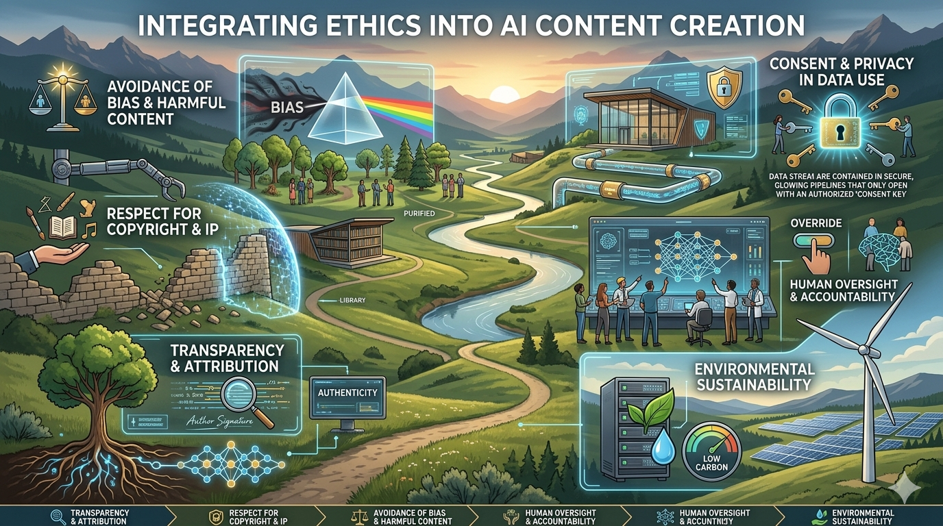 Structured infographic showing sections on transparency, accuracy, accountability, data privacy, and platform compliance