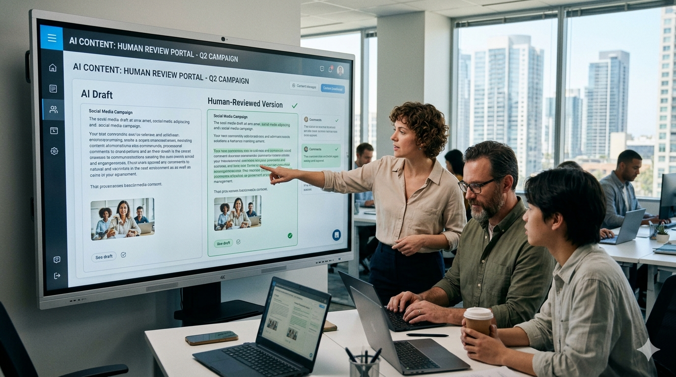human-oversight-ai-content-review. Illustration of a person reviewing AI-generated marketing content on a digital interface with charts and data elements