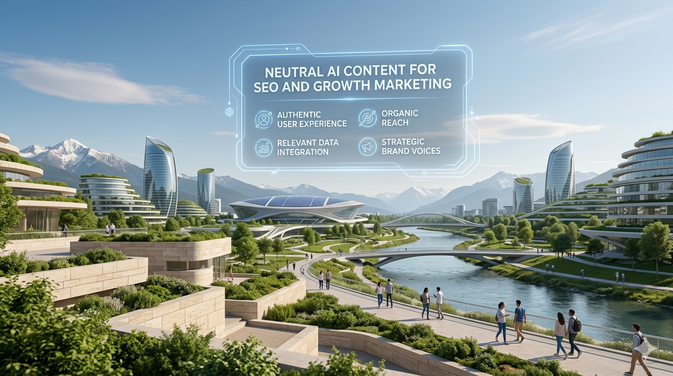 neutral-ai-content-seo-marketing-cover. Abstract digital interface with structured text blocks and data flow elements representing AI-generated content